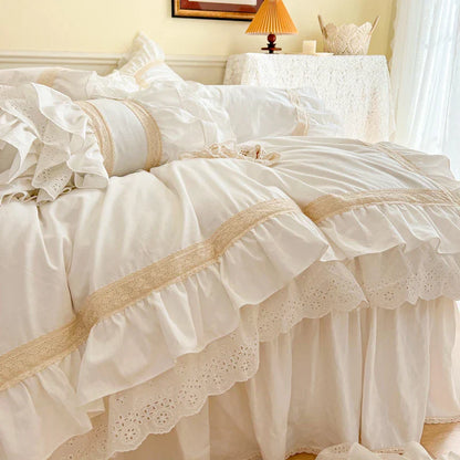 Decorbites™ Französisches Vintage Rüschen-Stickerei Bettwäsche-Set, Cremewhite, 100% Baumwolle, Bettbezug