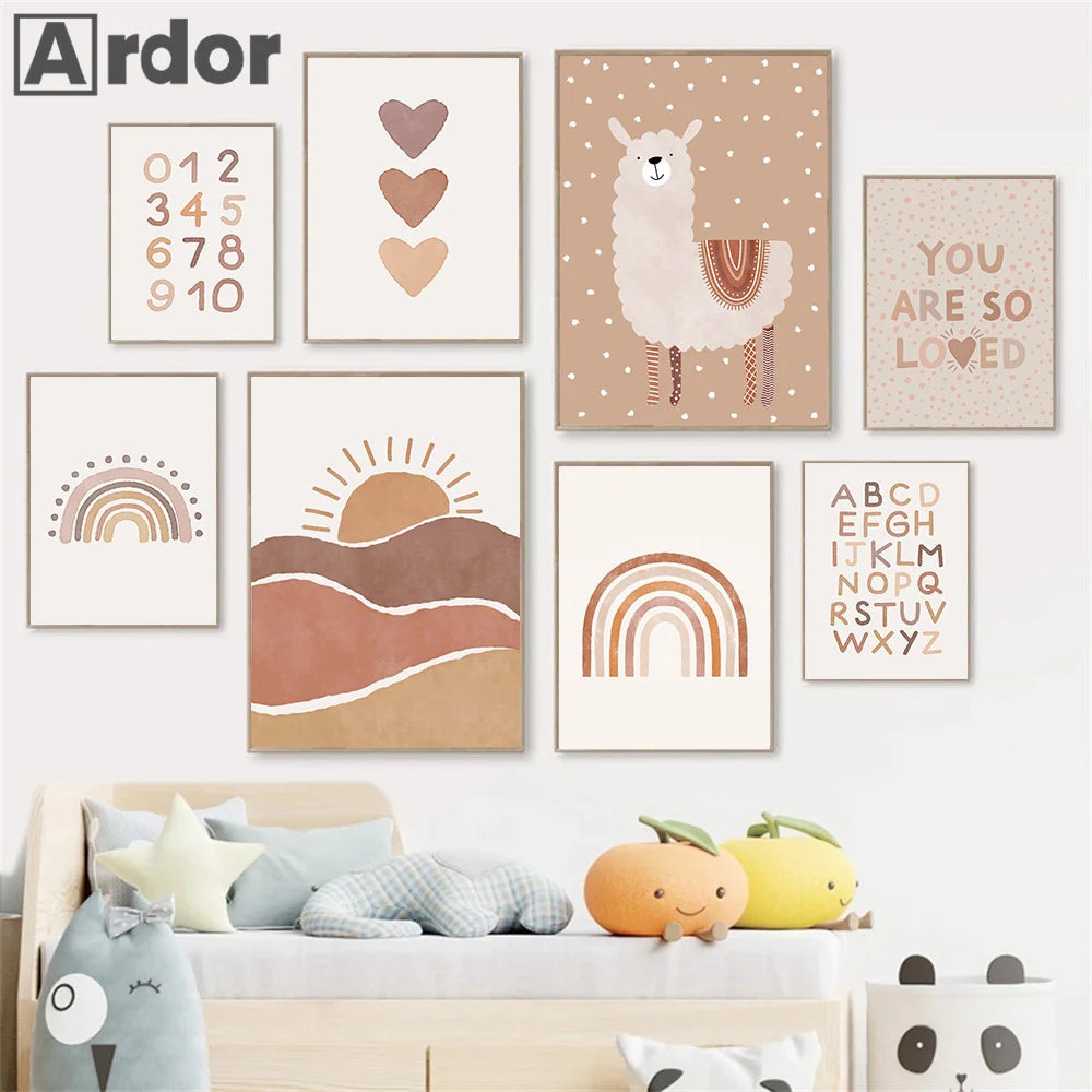 Alpaca Unicorn Rainbow Bear Heart Poster Alphabet Quotes Prints Boho Nursery Wall Art Canvas Painting Pictures Kids Room Decor