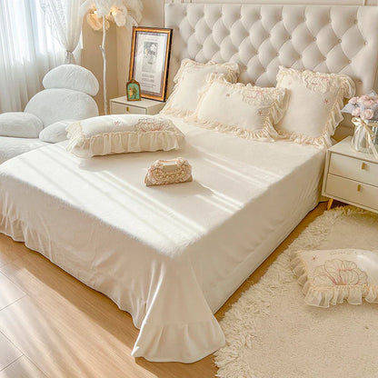 DecorBites™ French Princess Wedding Bedding Set, Lace Ruffles, Flowers Embroidery.