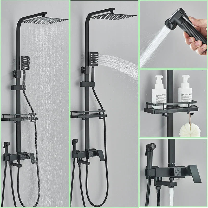 Decorbites™ Schwarze Messing-Duscharmatur-Set mit drehbarem Badewannen-Auslauf und Regendusche-Säule