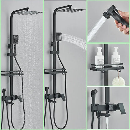 Decorbites™ Schwarze Messing-Duscharmatur-Set mit drehbarem Badewannen-Auslauf und Regendusche-Säule