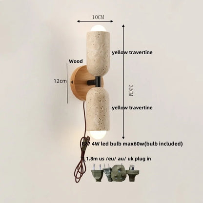 DecorBites™ LED Wall Light Fixture Yellow Travertine Stone Modern Bedside Lamp