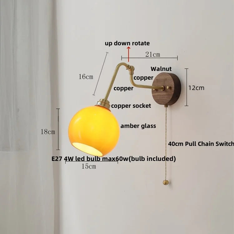 Decorbites™ LED Wandlampen mit Zugschalter Nachttischlampe Bernstein-Glas Moderne Treppenbeleuchtung