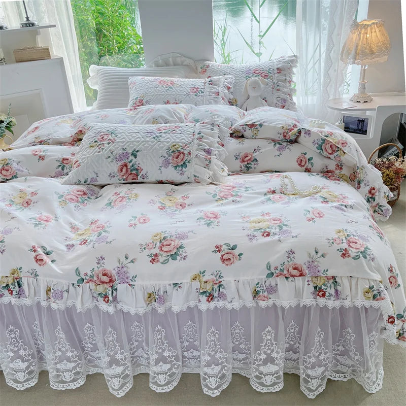 DecorBites™ French Floral Print Bedding Set: Duvet Cover, Lace Ruffles, Quilted Embroidery, Pillowcases