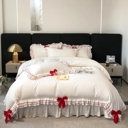 Decorbites™ Korean Lace Ruffles Bettwäsche-Set mit schwarzem Schleifenakzent