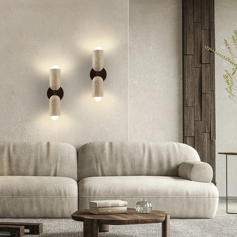 DecorBites™ LED Wall Light Fixture Travertine Stone Wood Canopy Bedside Lamp