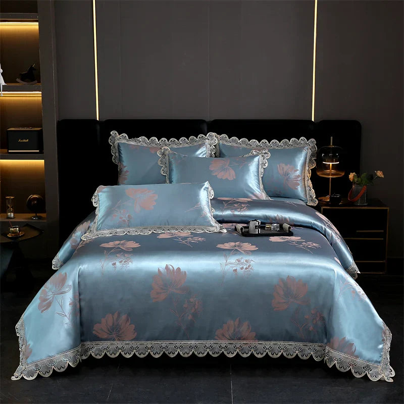 Decorbites™ Golden Jacquard-Baumwoll-Spitzen-Bettwäsche-Set – Seidig weiche Daunendecke, Spannbettlaken, Kissenbezug