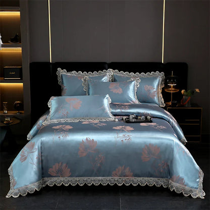 Decorbites™ Golden Jacquard-Baumwoll-Spitzen-Bettwäsche-Set – Seidig weiche Daunendecke, Spannbettlaken, Kissenbezug