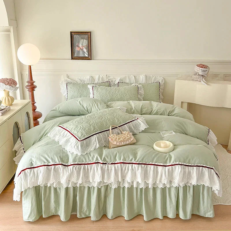 Decorbites™ Spitzen-Volants-Bettwäsche-Set: 4-teilig, einfarbiges Prinzessinnen-Bettüberzug, Bettrock, 100% Baumwoll-Kissenbezug