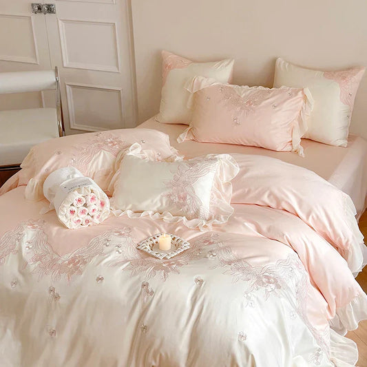 Decorbites™ Französische Romantische Spitzen-Volants-Blumen-Stickerei-Bettwäsche-Set in Rosa & Blau Baumwolle