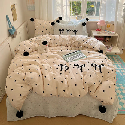 DecorBites™ Korean Princess Bow Lattice Pompom Bedding Set - Single Queen Size