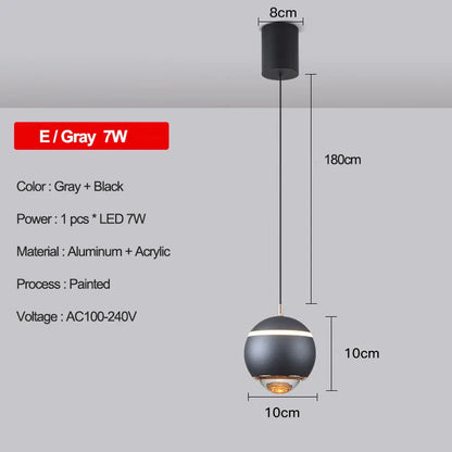 Gray and black spherical decorbites led pendant light with aluminum and acrylic design and 7w led bulb for modern spaces