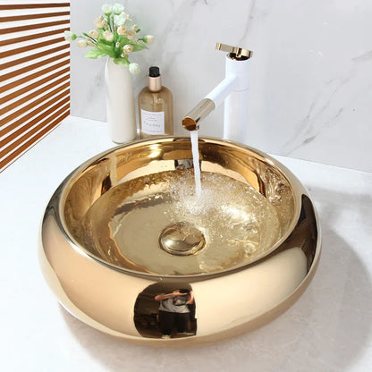 DecorBites™ Golden Plated Round Ceramic Luxury Bath Mixer Set with Brass Faucet & Pop Drain