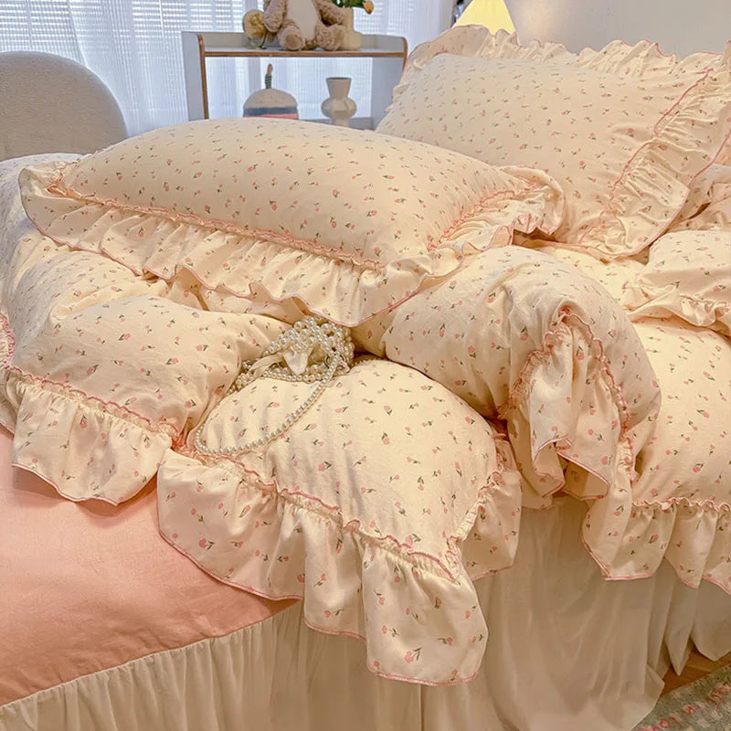 Decorbites™ Koreanische Prinzessin Blumenmuster-Bettwäsche-Set aus gewaschener Baumwolle für Mädchen