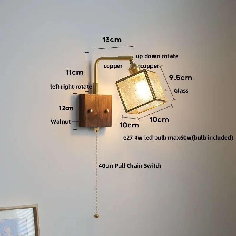 DecorBites™ LED Walnut Wood Cube Glass Wall Light with Pull Chain Switch