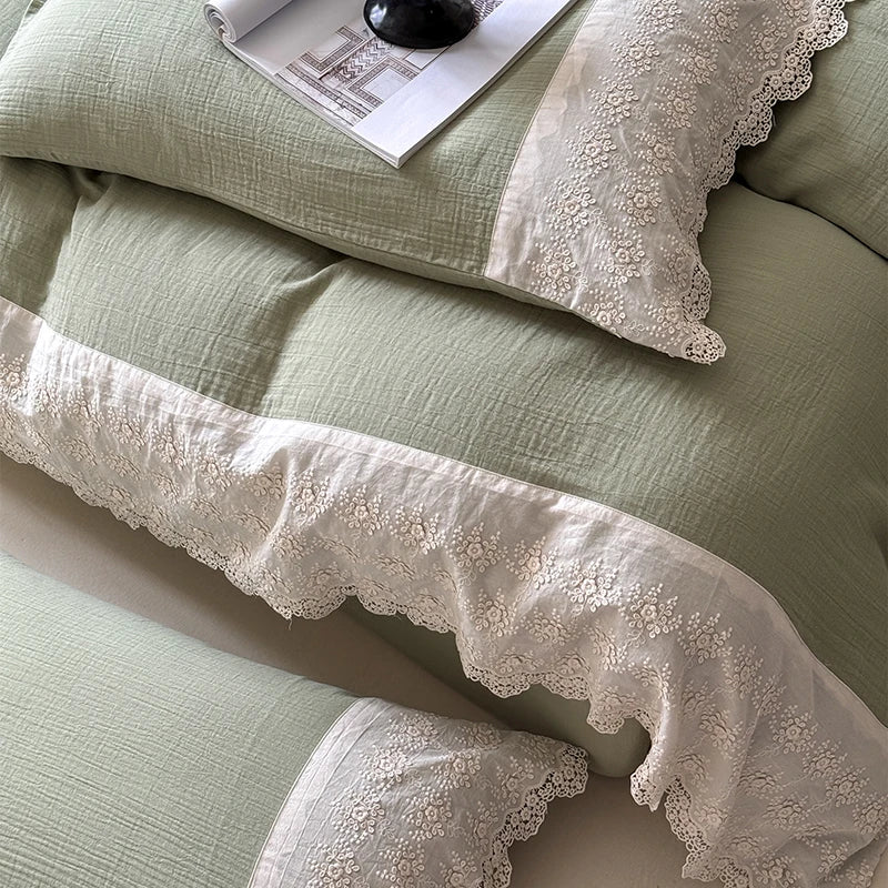DecorBites™ French Lace Cotton Bedding Set: Duvet, Sheet, Pillowcases, 4Pc