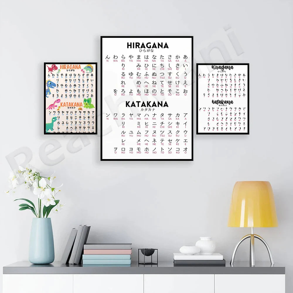 Decorbites™ Infografik-Poster zu japanischen Hiragana und Katakana, minimalistisches Design für Sprachlerner