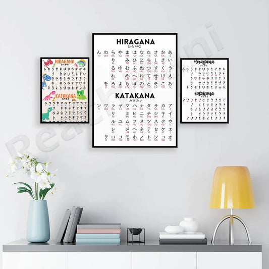 Decorbites™ Infografik-Poster zu japanischen Hiragana und Katakana, minimalistisches Design für Sprachlerner
