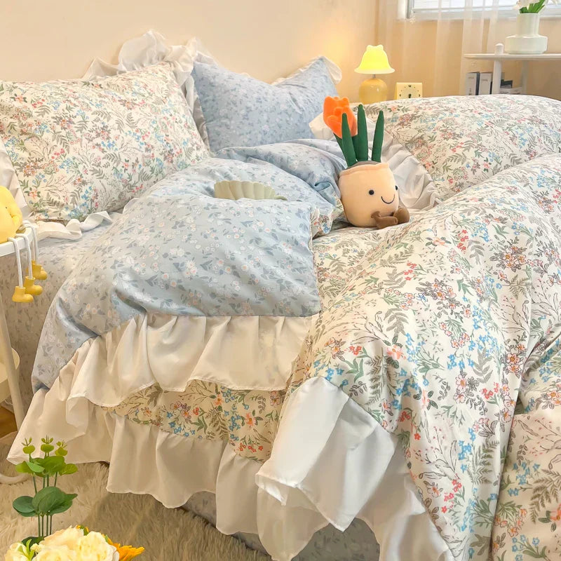 Decorbites™ Koreanische Prinzessin Blumen-Volants-Bettwäsche-Set: Einzel-/Queen-Duvet, Bezug & Kissenbezüge