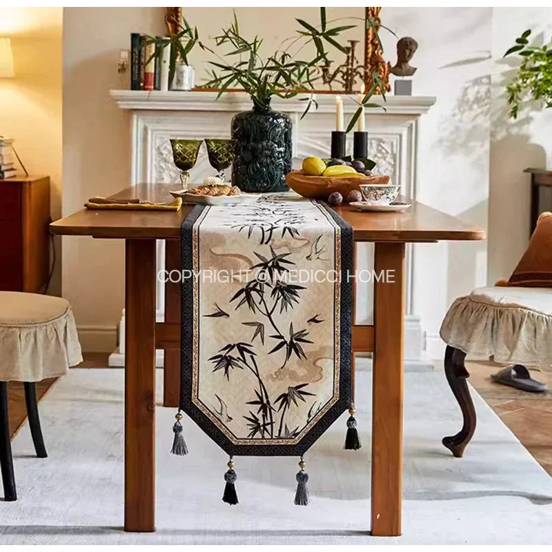 Decorbites™ Bambusblatt-Schwalben-Druck Tischläufer für Chinoiserie Chic Landhaus-Dekoration