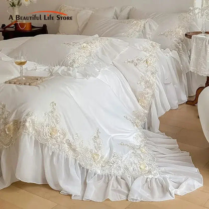 DecorBites™ French Rose Flowers Lace Wedding Bedding Set with Ruffles