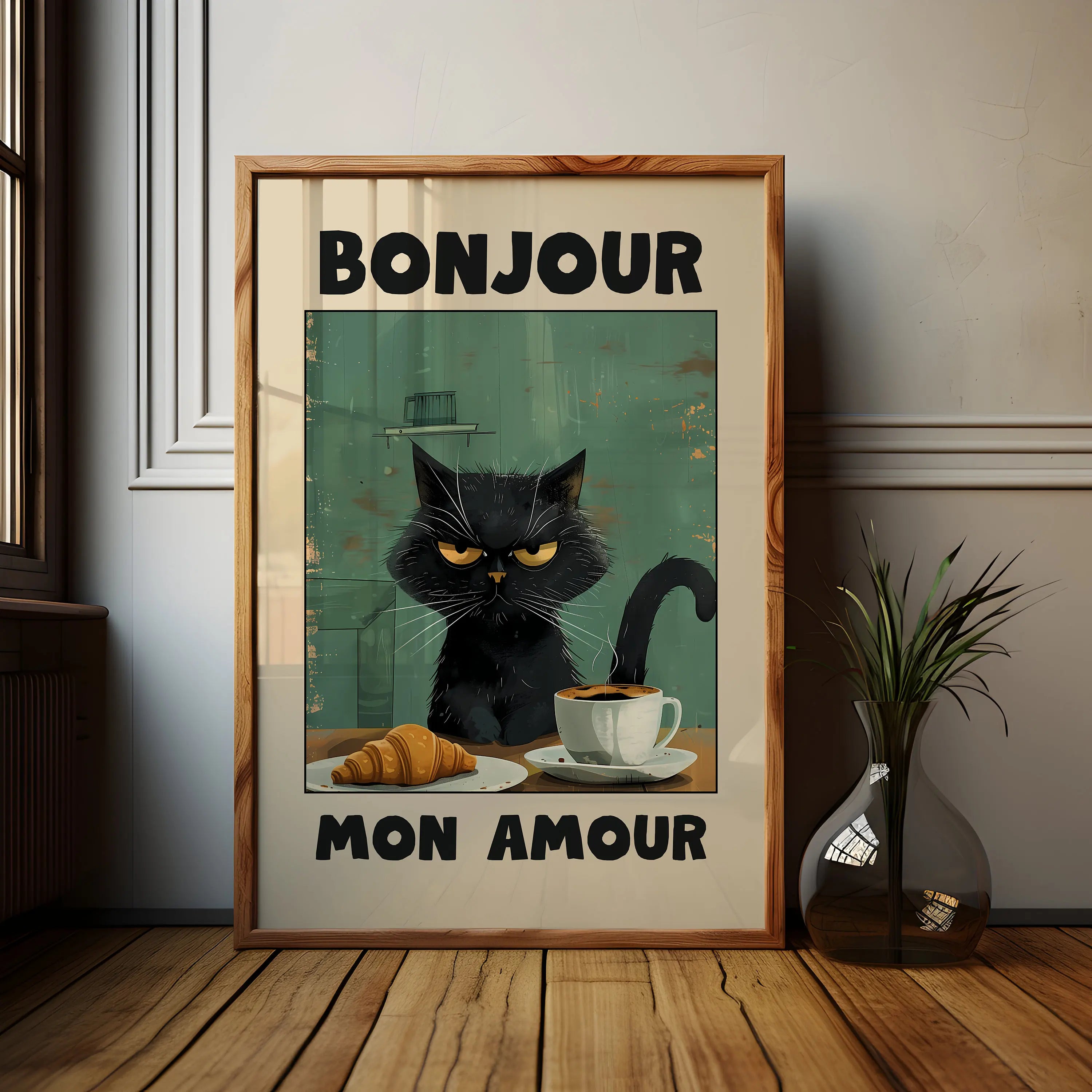 1pc Frameless Black Cat Breakfast Art Poster Retro Style Bonjour Canvas Painting for Dining Room or Bedroom Wall  Art Decoration