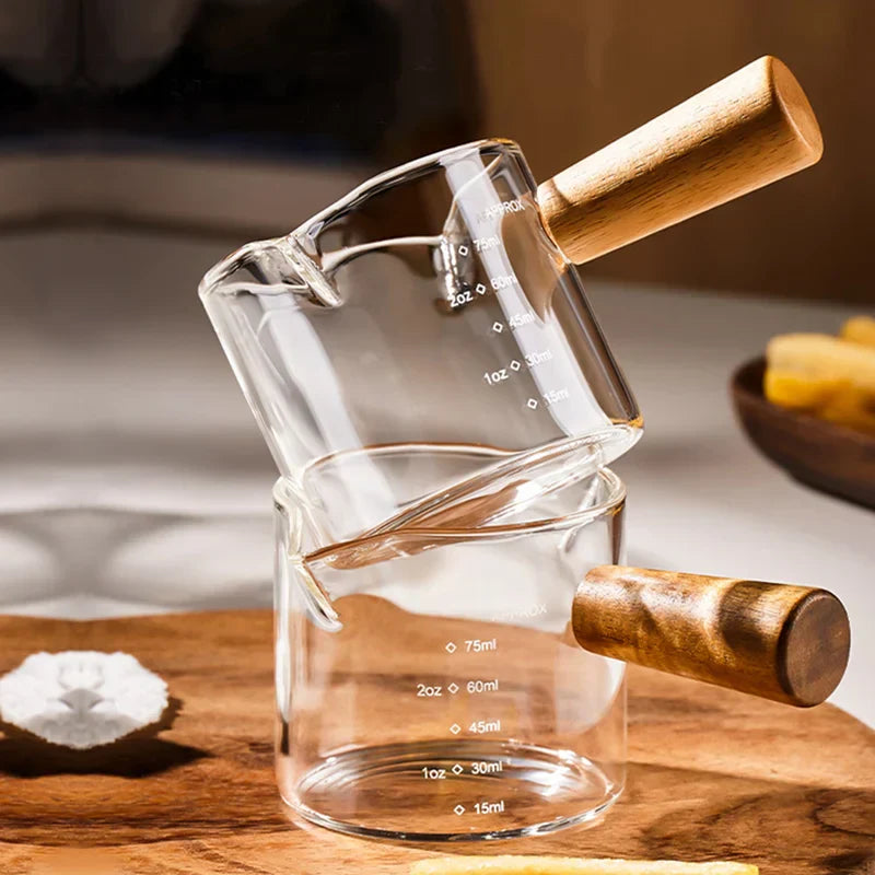 Decorbites™ Glas-Espresso-Messbecher mit Holzgriff, transparenter Milchkrug