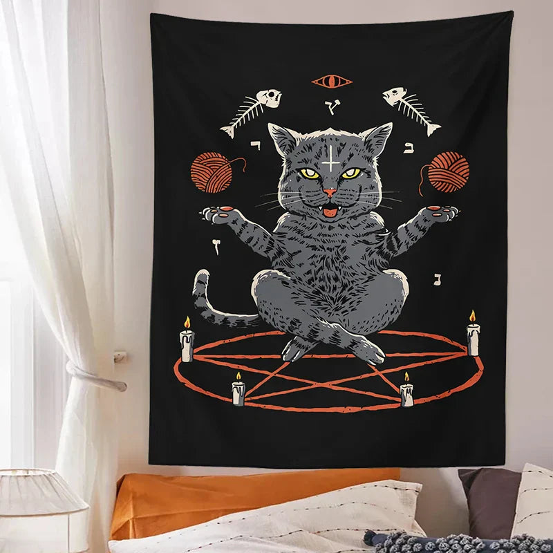 DecorBites™ Cat Coven Tapestry Wall Hanging - Cool Black Witchcraft Decor for Living Room and Bedroom