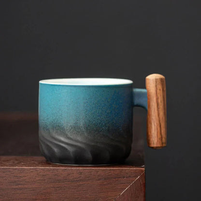 Decorbites™ Gradient-Glasur-Keramik-Kaffeetasse mit Holzeingriff für Zuhause und Büro