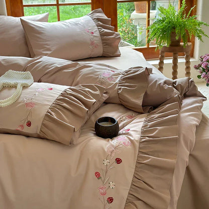 Decorbites™ Koreanische Prinzessin-Stil Besticktes Bettwäsche-Set mit Plissierter Volants aus Ägyptischer Baumwolle
