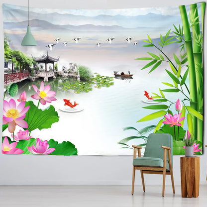 Decorbites™ Tintenlotus-Koi-Gobelin: Boho-Ästhetik Psychedelische Raumkunst Hippie-Dekoration
