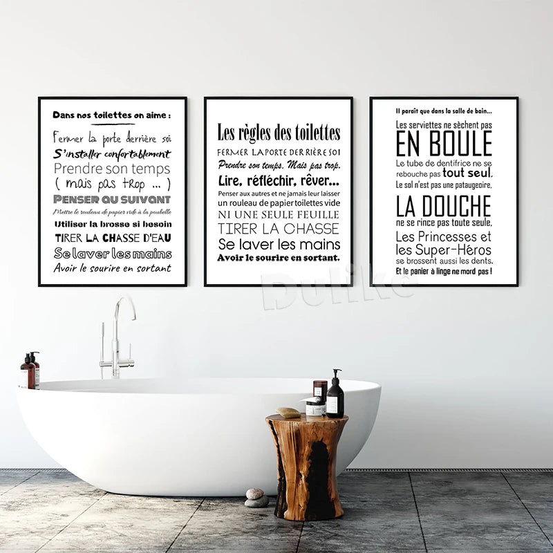 Affiche minimalistes WC et salle de bain Prints French Bathroom Rules Quote Poster Canvas Painting Toilet Bathroom Wall Decor