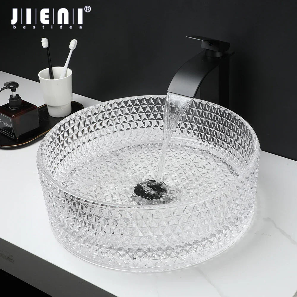 Decorbites™ Diamantglas-Waschbecken-Set mit mattschwarzem Armatur und Pop-up-Ablaufmischer