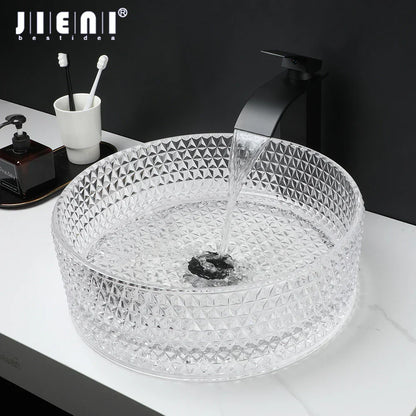 Decorbites™ Diamantglas-Waschbecken-Set mit mattschwarzem Armatur und Pop-up-Ablaufmischer