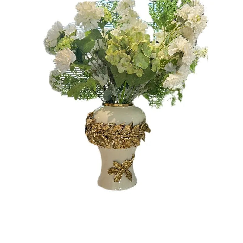 Decorbites™ Goldene Blätter Keramik Blumentopf mit handgeprägten Blumen für Blumenarrangements