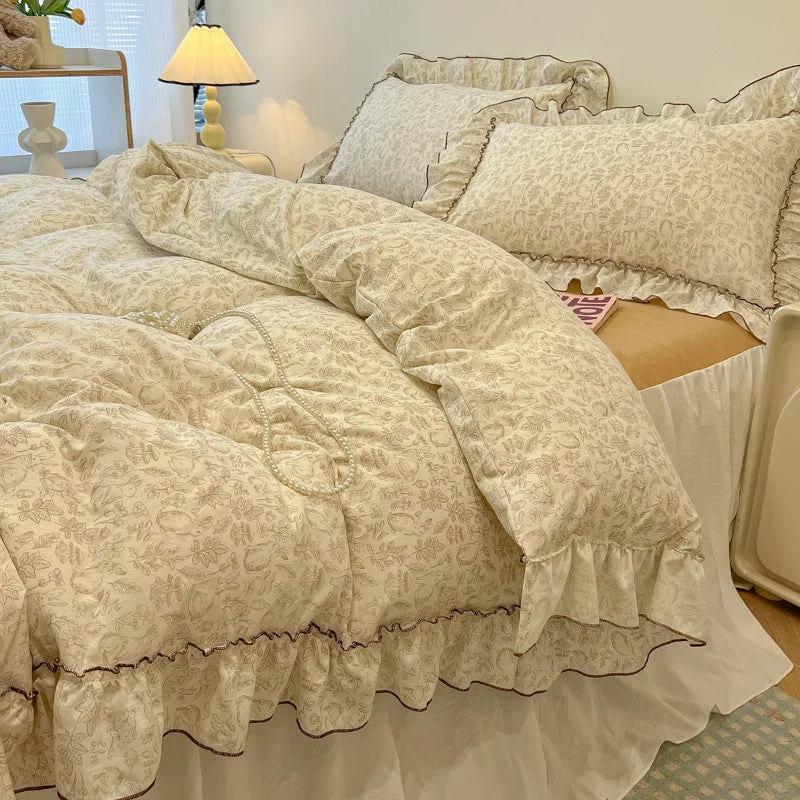 Decorbites™ Koreanische Prinzessin Blumenmuster-Bettwäsche-Set aus gewaschener Baumwolle für Mädchen