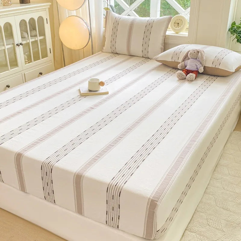 DecorBites™ Cotton Jacquard Fitted Sheet Set with 2 Pillowcases, Dustproof & Anti-Slip