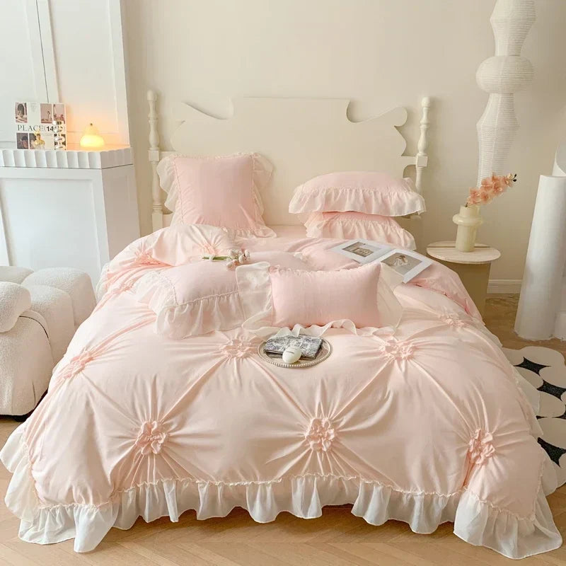 Decorbites™ Spitzen-Prinzessin-Bettwäsche-Set: Romantische Rüschen & Schleifen-Duvetbezug, Laken, Kissenbezüge