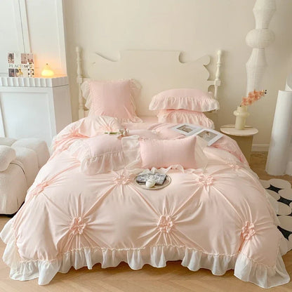 Decorbites™ Spitzen-Prinzessin-Bettwäsche-Set: Romantische Rüschen & Schleifen-Duvetbezug, Laken, Kissenbezüge