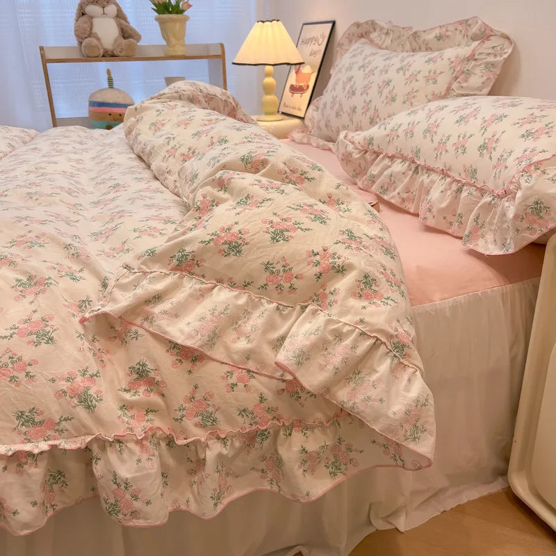 Decorbites™ Koreanische Prinzessin Blumenmuster-Bettwäsche-Set aus gewaschener Baumwolle für Mädchen