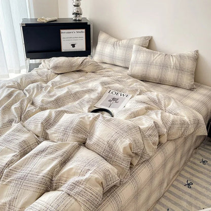 DecorBites™ Cotton Grid Bedding Set - Soft & Stylish Bed Sheet, Quilt Cover Kit
