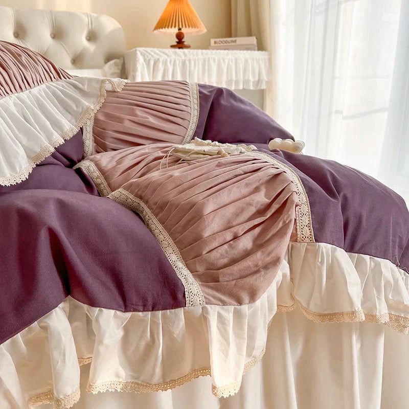 Decorbites™ Koreanische Prinzessinnen-Stil Baumwoll-Bettwäsche-Set mit Plissevolants und weichem Steppbettbezug
