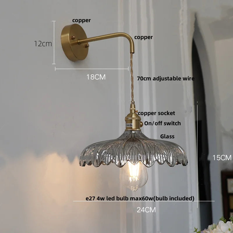 Decorbites™ Amber Vintage LED Wandlampe Glas Kupfer Zugschalter für Schlafzimmer