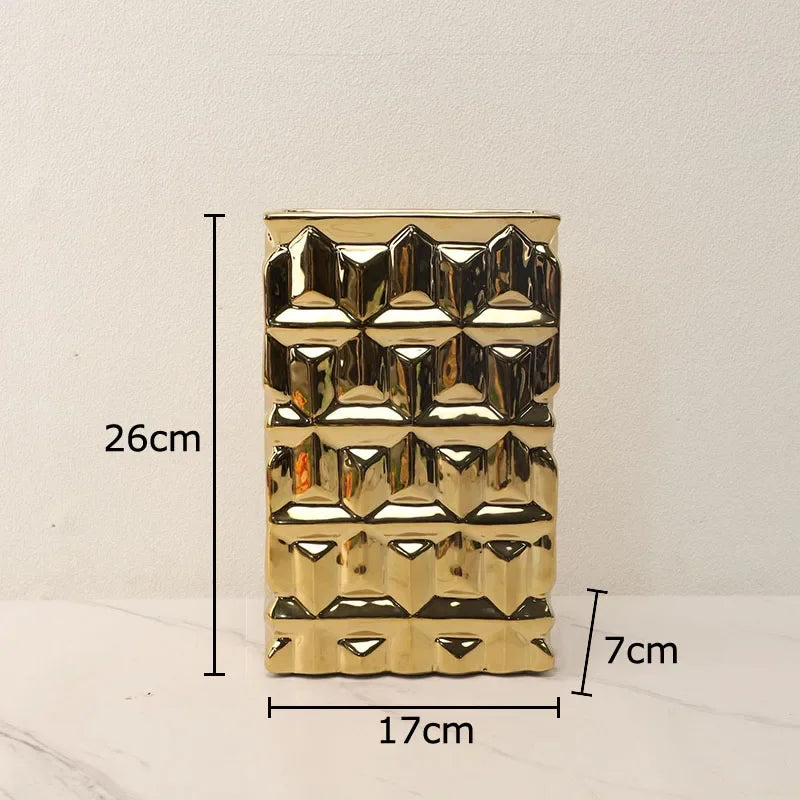 DecorBites™ Goldene Quadratische Keramikvase mit Künstlichen Blumen für Ästhetische Raumdeko