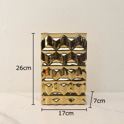 DecorBites™ Goldene Quadratische Keramikvase mit Künstlichen Blumen für Ästhetische Raumdeko