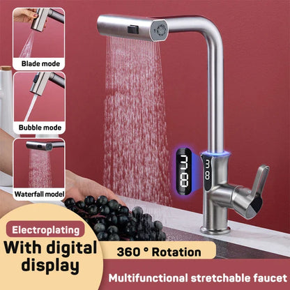 Decorbites™ Digital-Display-Wasserfall-Küchenspüle-Armatur mit herausziehbarem Sprühdüse