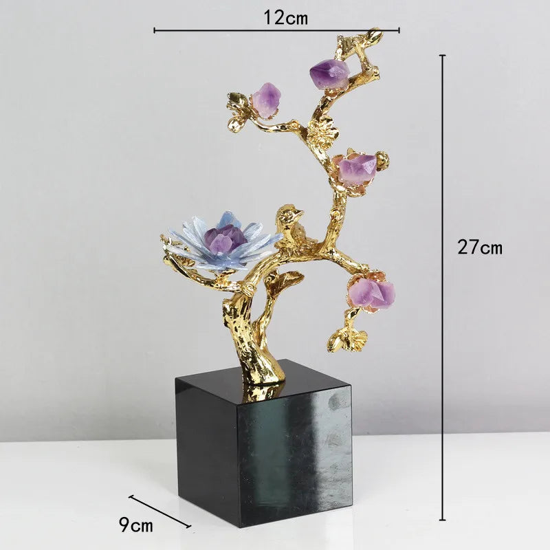 Decorbites™ Goldener Baum Kristallblüte Messing Amethyst Dekoration mit Goldenen Vogel-Figuren