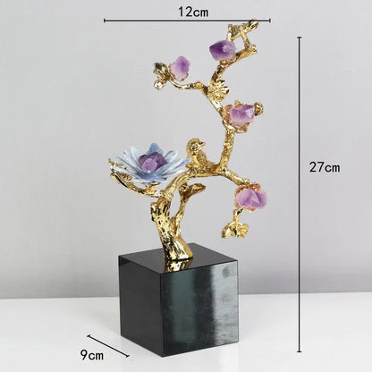 Decorbites™ Goldener Baum Kristallblüte Messing Amethyst Dekoration mit Goldenen Vogel-Figuren