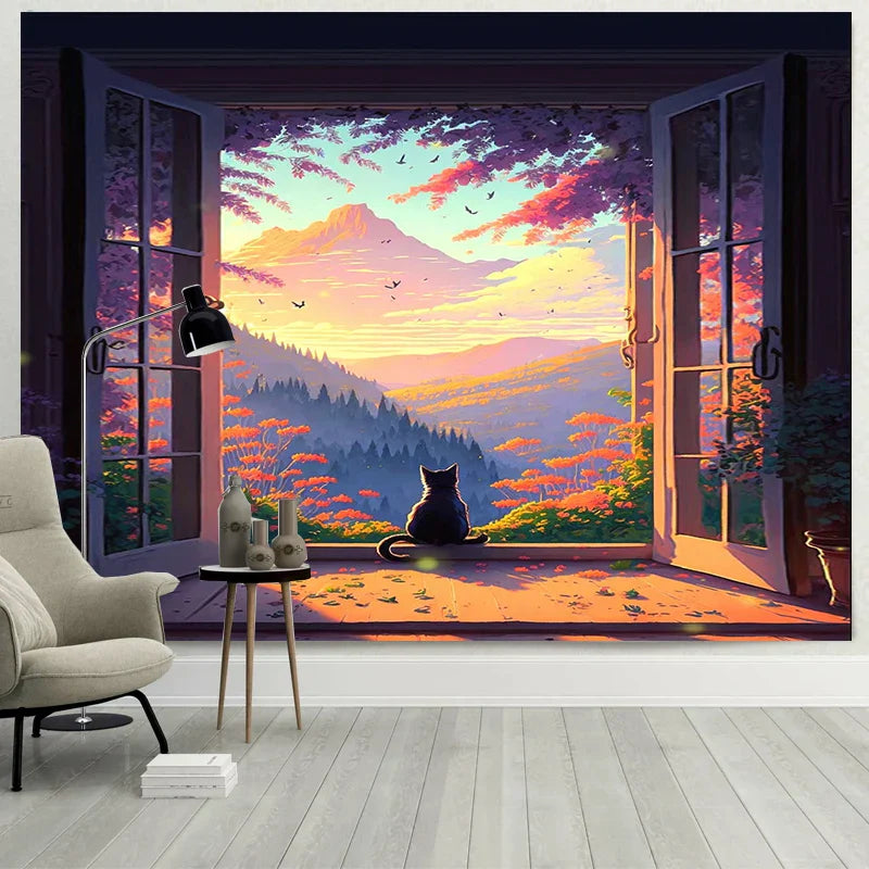 DecorBites™ Dreamy Window Cat Tapestry Landscape Wall Cloth for Bedroom & Living Room