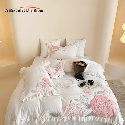 Decorbites™ Spitzen-Volants-Prinzessinnen-Bettwäsche-Set, Schmetterlingsblumen-Stickerei, Gemütliche Bettwäsche mit Bettlaken und Kissenbezügen